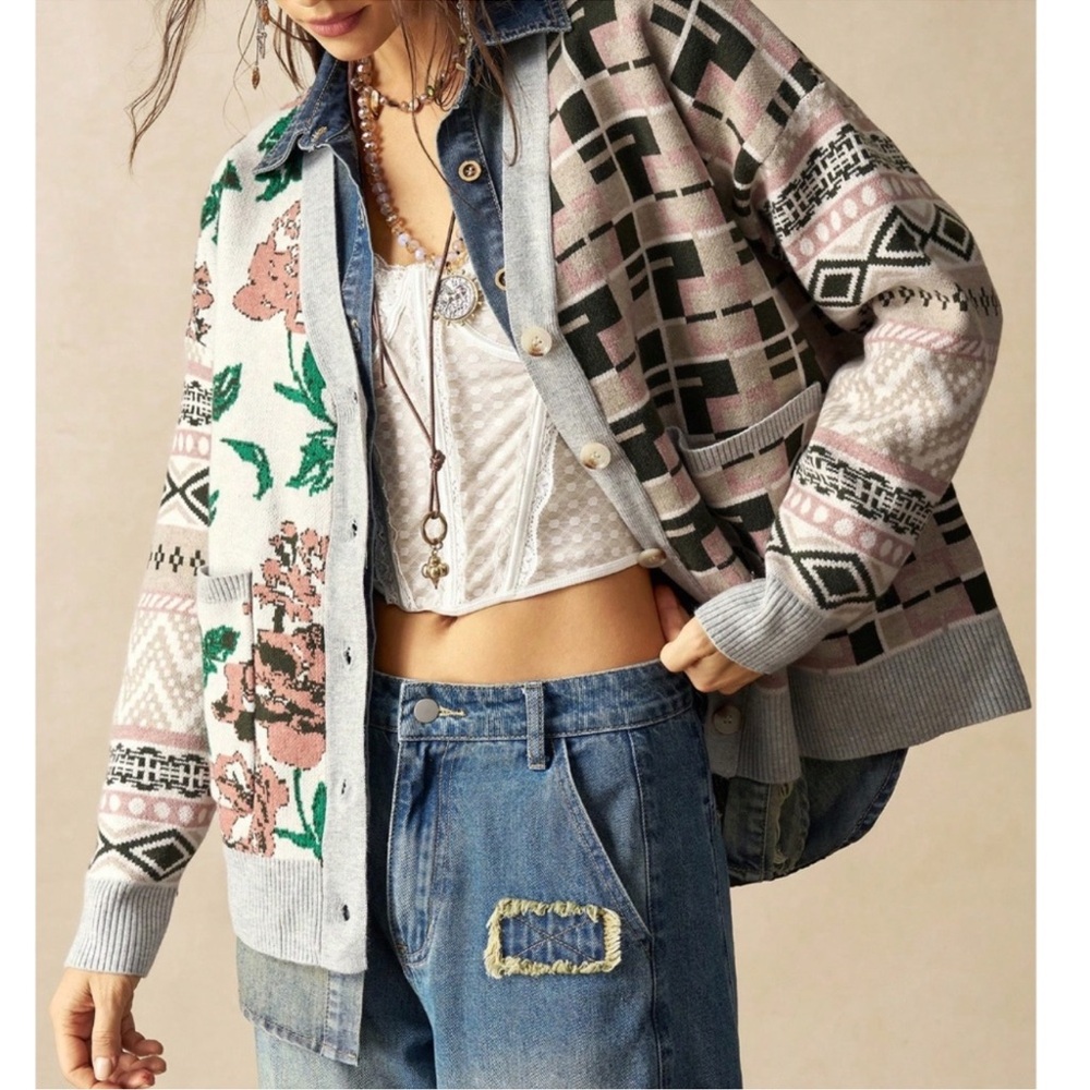 Cozy Floral Plaid Print Pockets Button Down Oversized Cardigan S M L
